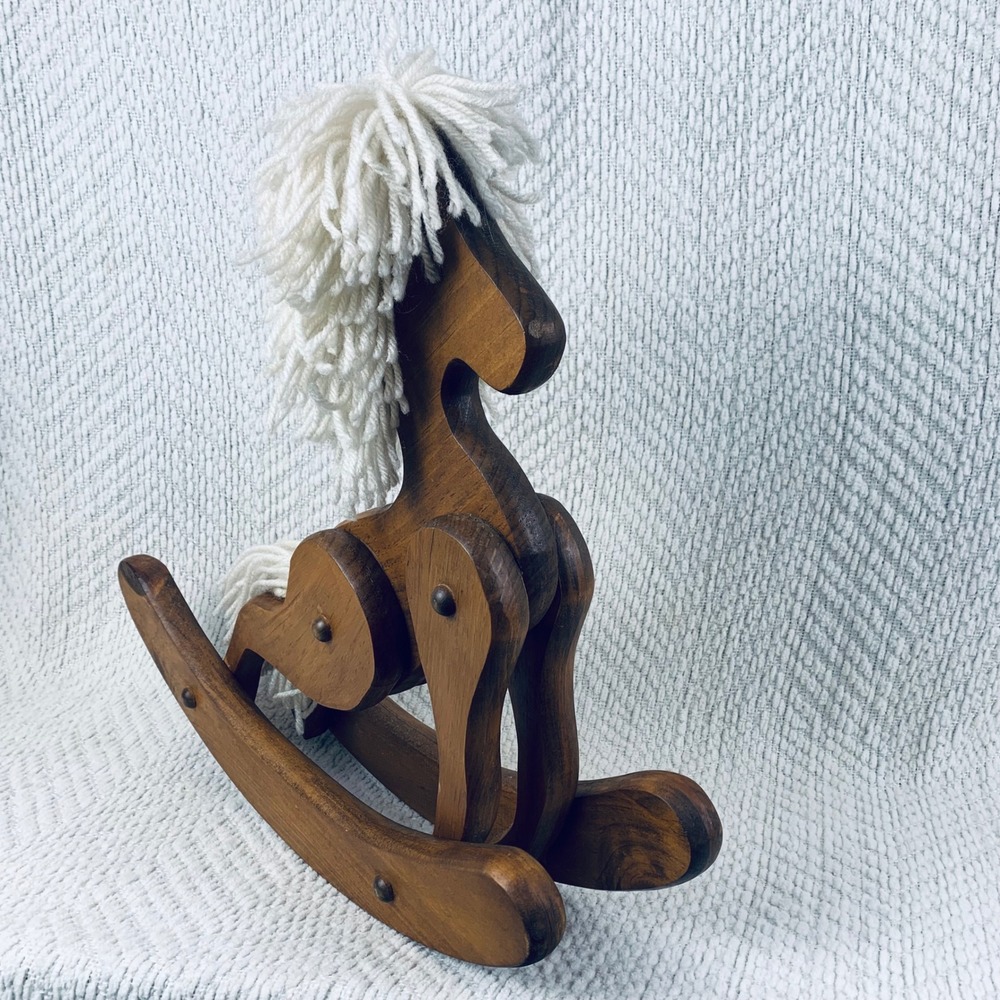 Vtg Rocking Horse Brown Wooden Yarn Mane Rustic Decor Moveable Articulated USA - Picture 3 of 8